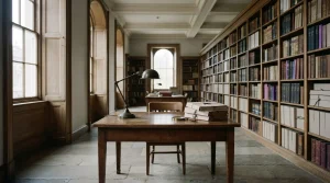 Lesesaal mit Holzregalen, Archivmappen und einer Messing-Tischleuchte