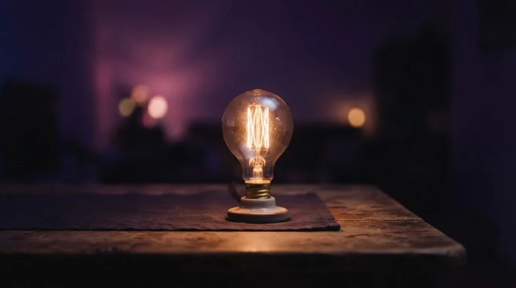 Leuchtende Glühlampe auf dunklem Hintergrund neben einer Tischkante