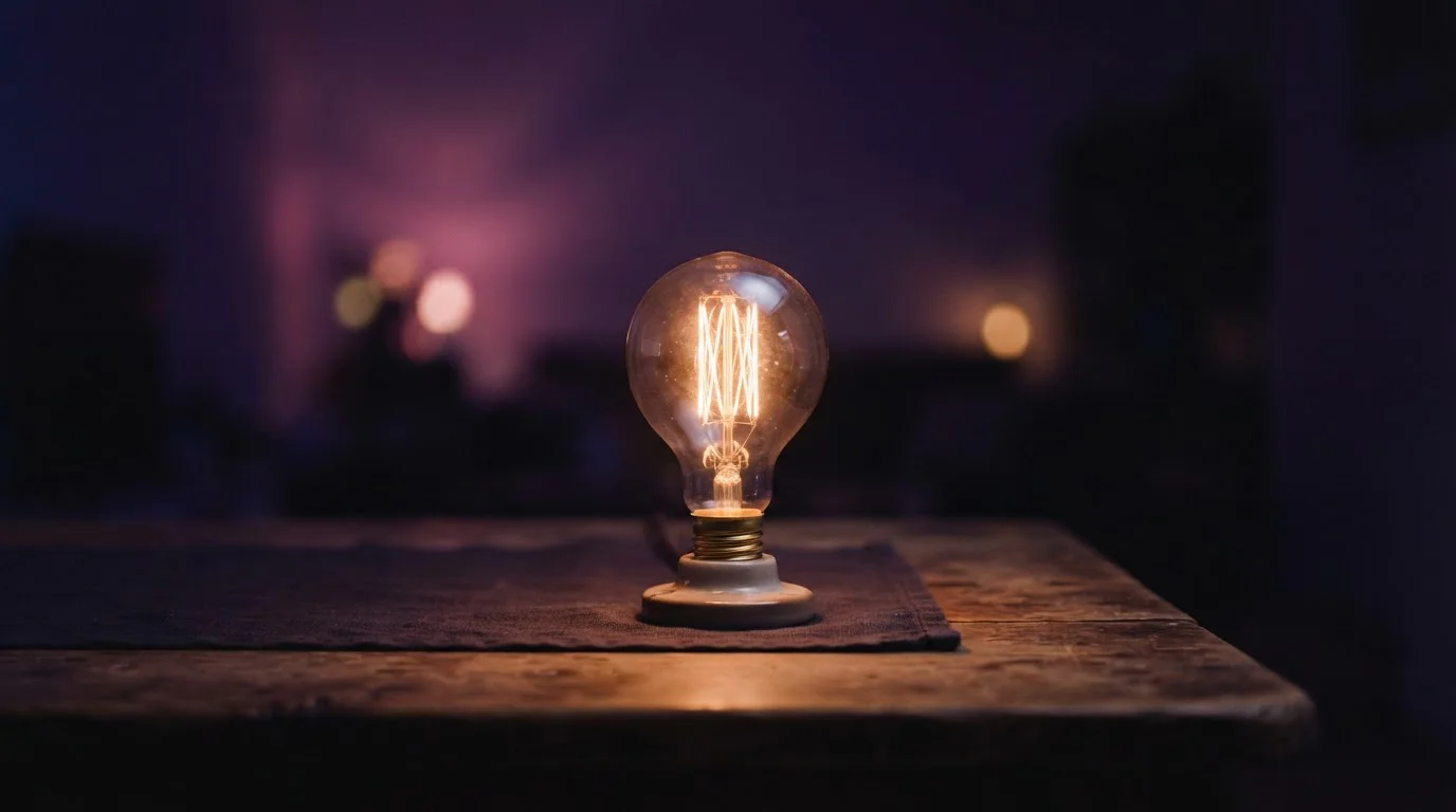 Leuchtende Glühlampe auf dunklem Hintergrund neben einer Tischkante
