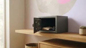 Teilweise geöffneter kleiner Tresor auf einem stabilen Holzregal