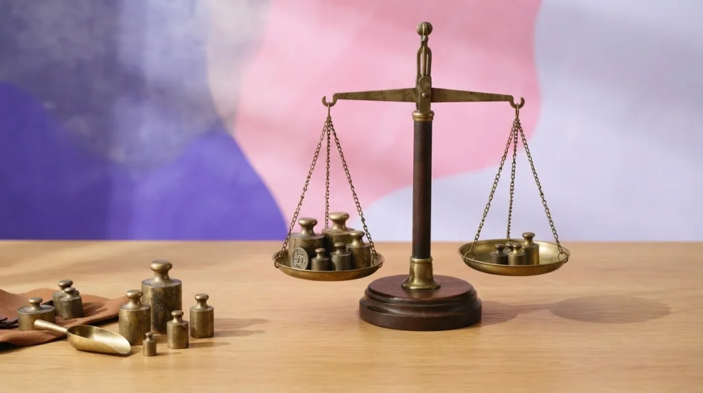 Zweiarmige Waage mit unterschiedlich großen Gewichten auf einer Tischplatte