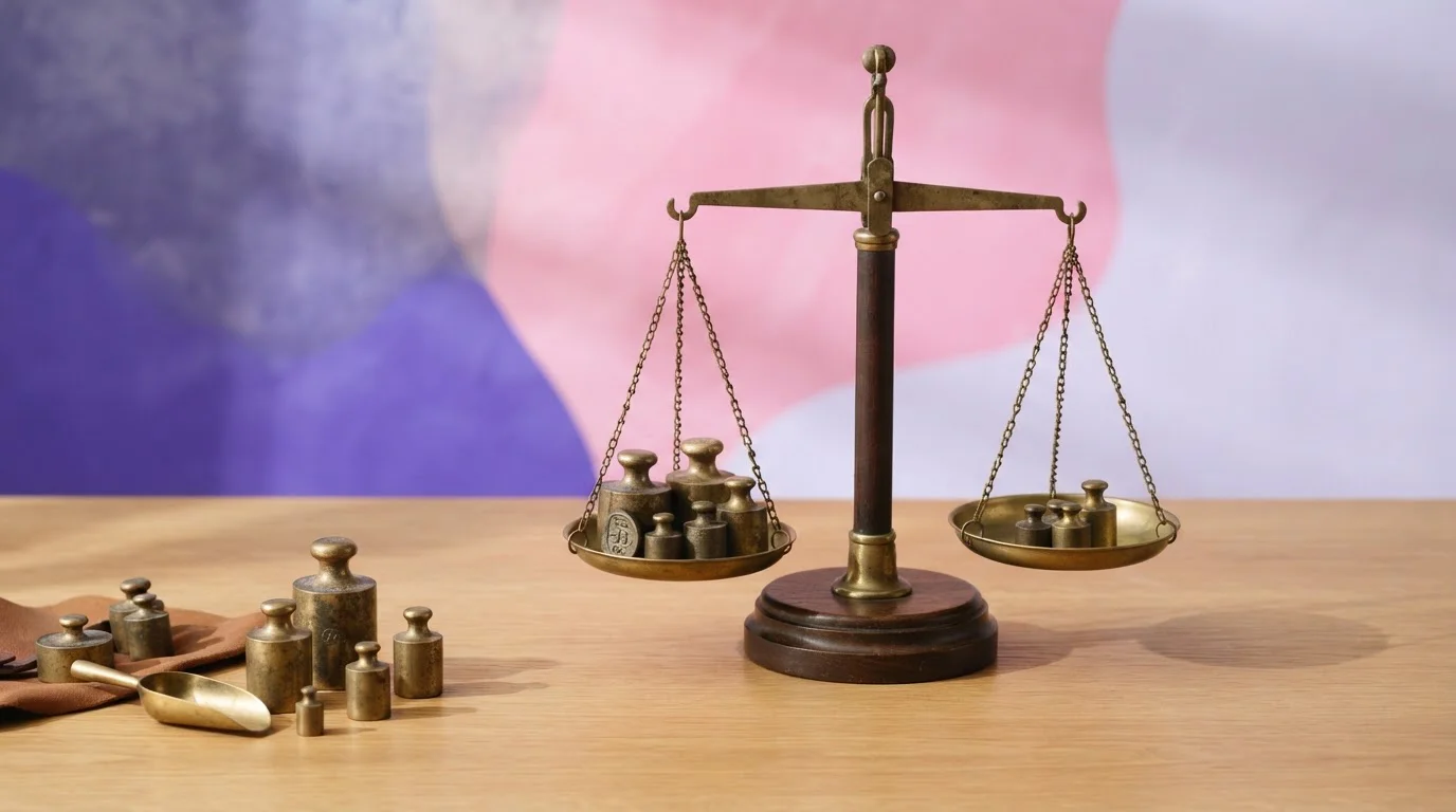 Zweiarmige Waage mit unterschiedlich großen Gewichten auf einer Tischplatte